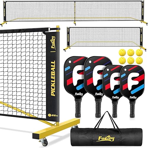 Fostoy Portable Pickleball Net Set with Wheels  Complete Family Backyard Kit with 4 Fiberglass Paddles, 6 Balls & Carry Bag  Easy Setup for