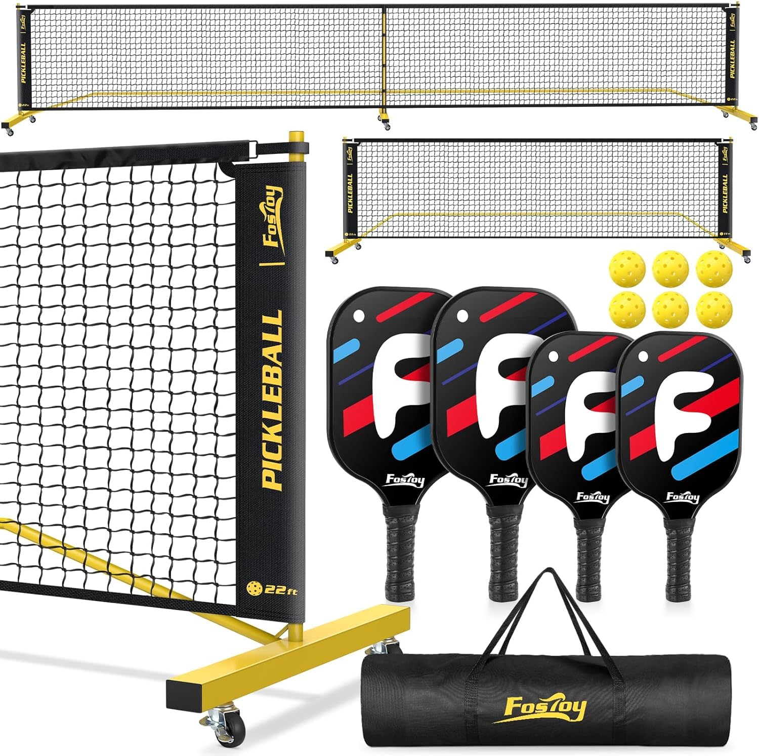 fostoy portable pickleball net set,pickle ball net with wheels, 4 fiberglass paddles & 6 pickleballs, carry bag, backyard fun for parents & children driveways and garages