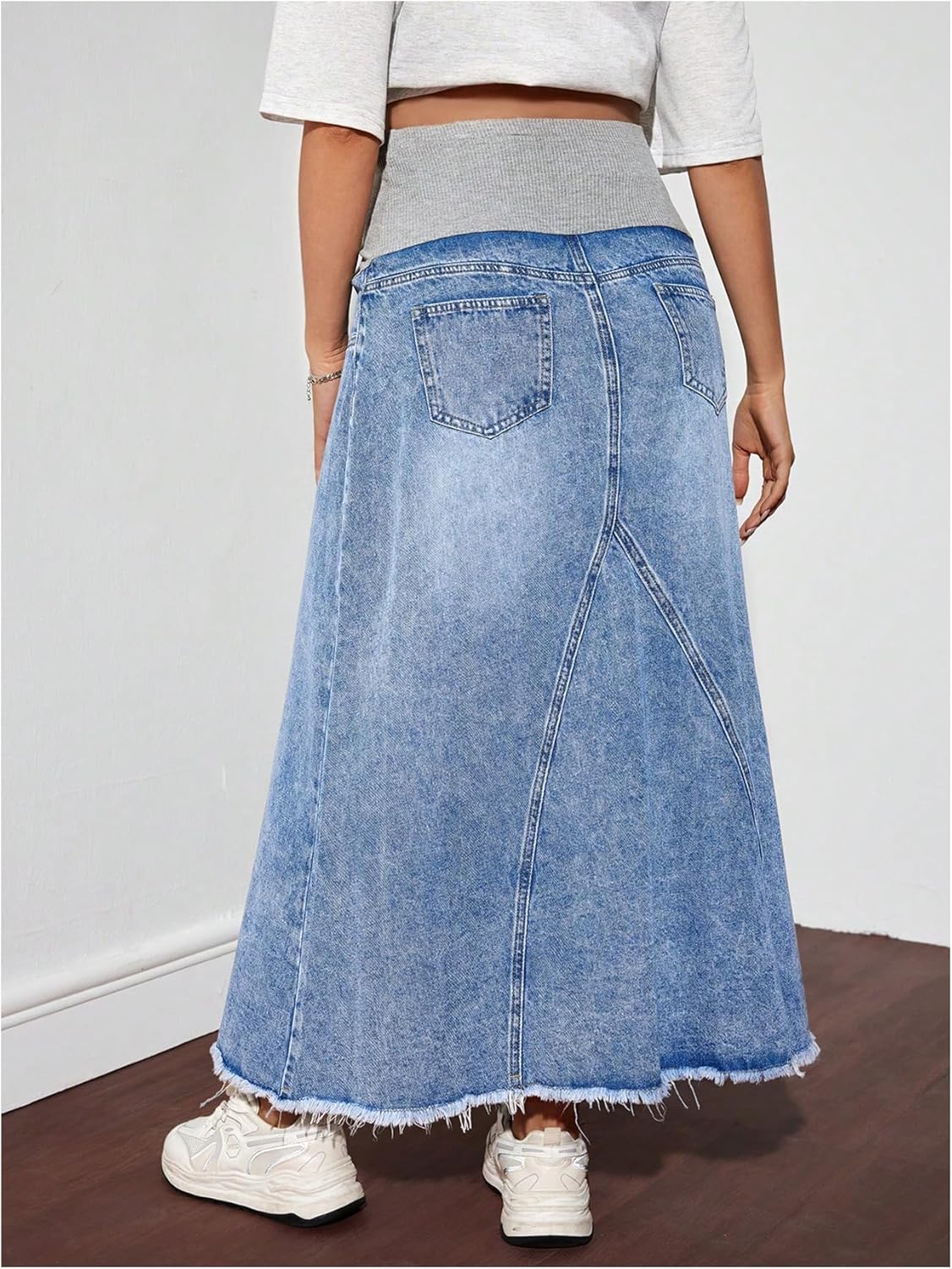 MakeMeChic Women's Maternity Jean Denim Maxi Skirt Pregnancy High Waisted A Line Adjustable Waist Long Skirts - Image 2