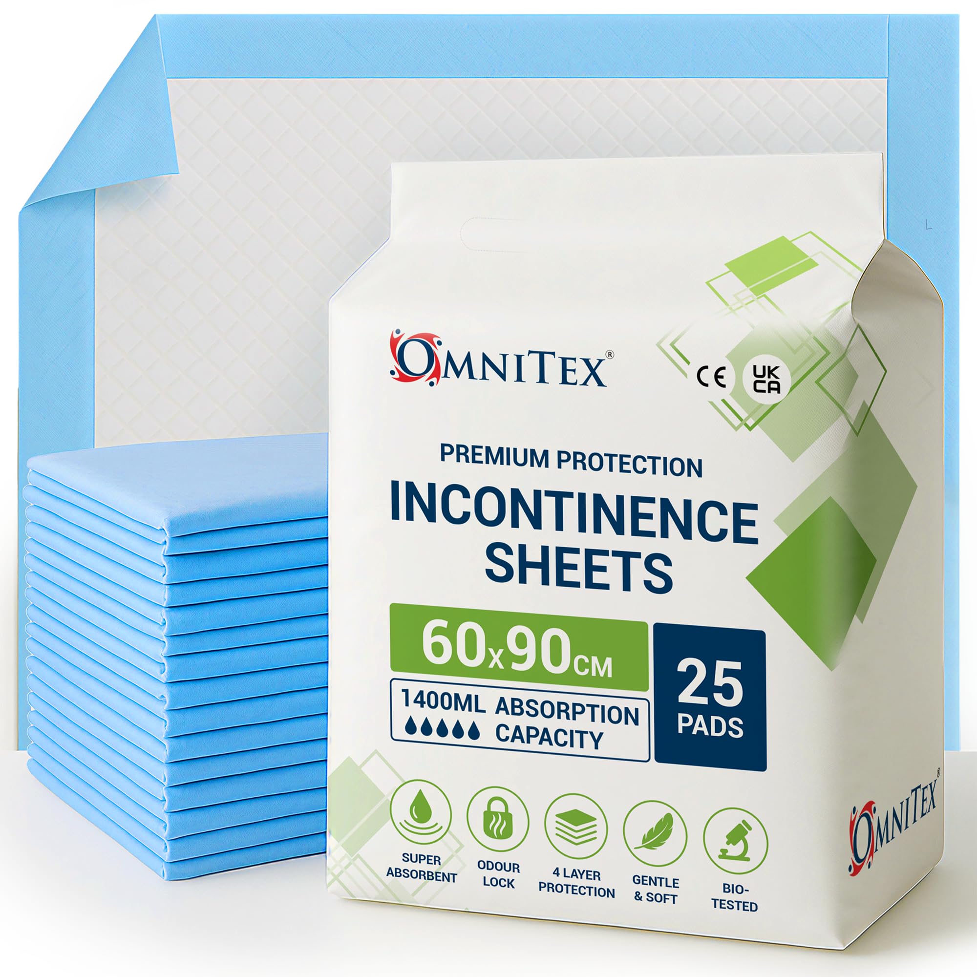 25x Omnitex 60 x 90cm Incontinence Bed Pads with SAP 1400ml | Disposable Bed Pads, SAP Liquid capture Tech, disposable underpads, Adult bed pads, pet pads, Absorbing Sheets, 25pk Premium Pads 1400ml