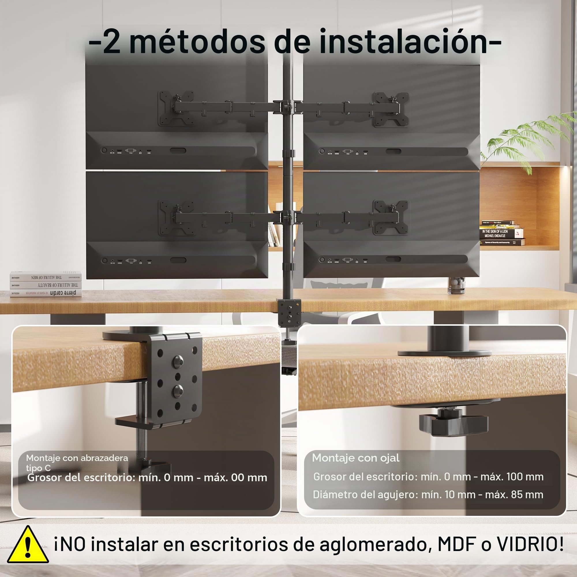 BONTEC Soporte Monitor para 4 Monitores de 13-27 Pulgadas LED/LCD, Soporte para Mesa con Peso Máximo 10KG de Cada Brazo, Giro de 360° y Rotación de 180°, Altura Ajustable, VESA 75x75/100x100, Negro