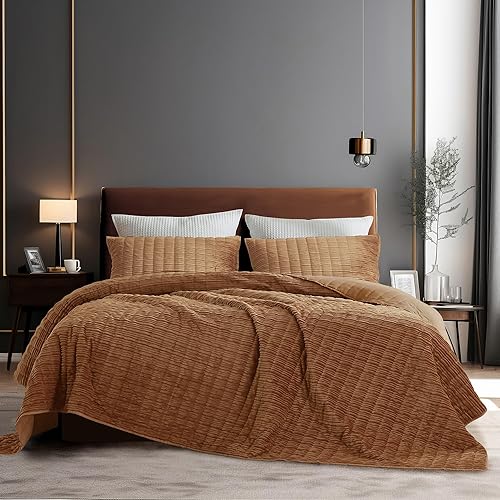 SHALALA - Juego de colcha de pana de 3 piezas, a rayas, colcha acogedora con 2 fundas de almohada a juego, juego de edredón suave y ligero para