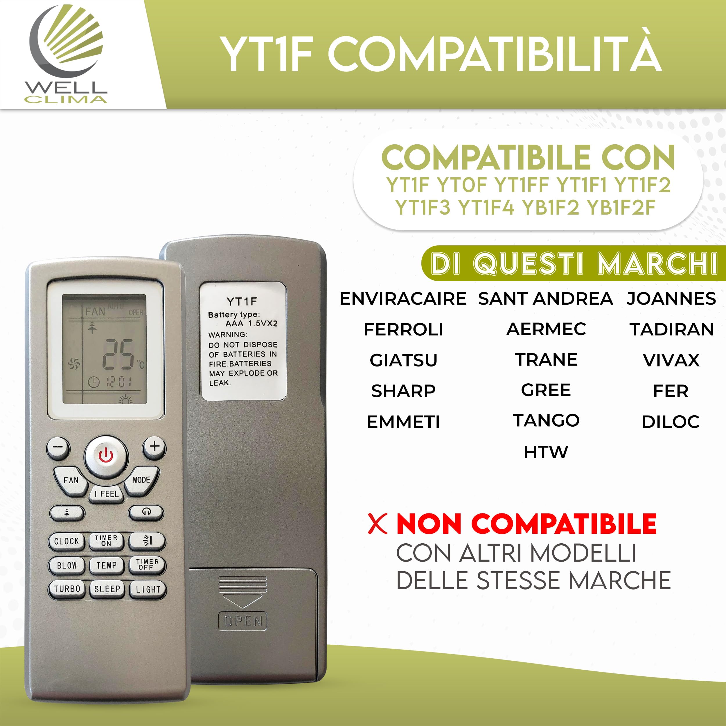 Telecomando Senza Fili Universale TELECOMANDO SOSTITUTIVO PER CONDIZIONATORE GREE - MODELLO YT1F (COMPATIBILE YT1FF, YT1F1, ETC.) Telecomando Per Climatizzatore Senza Fili