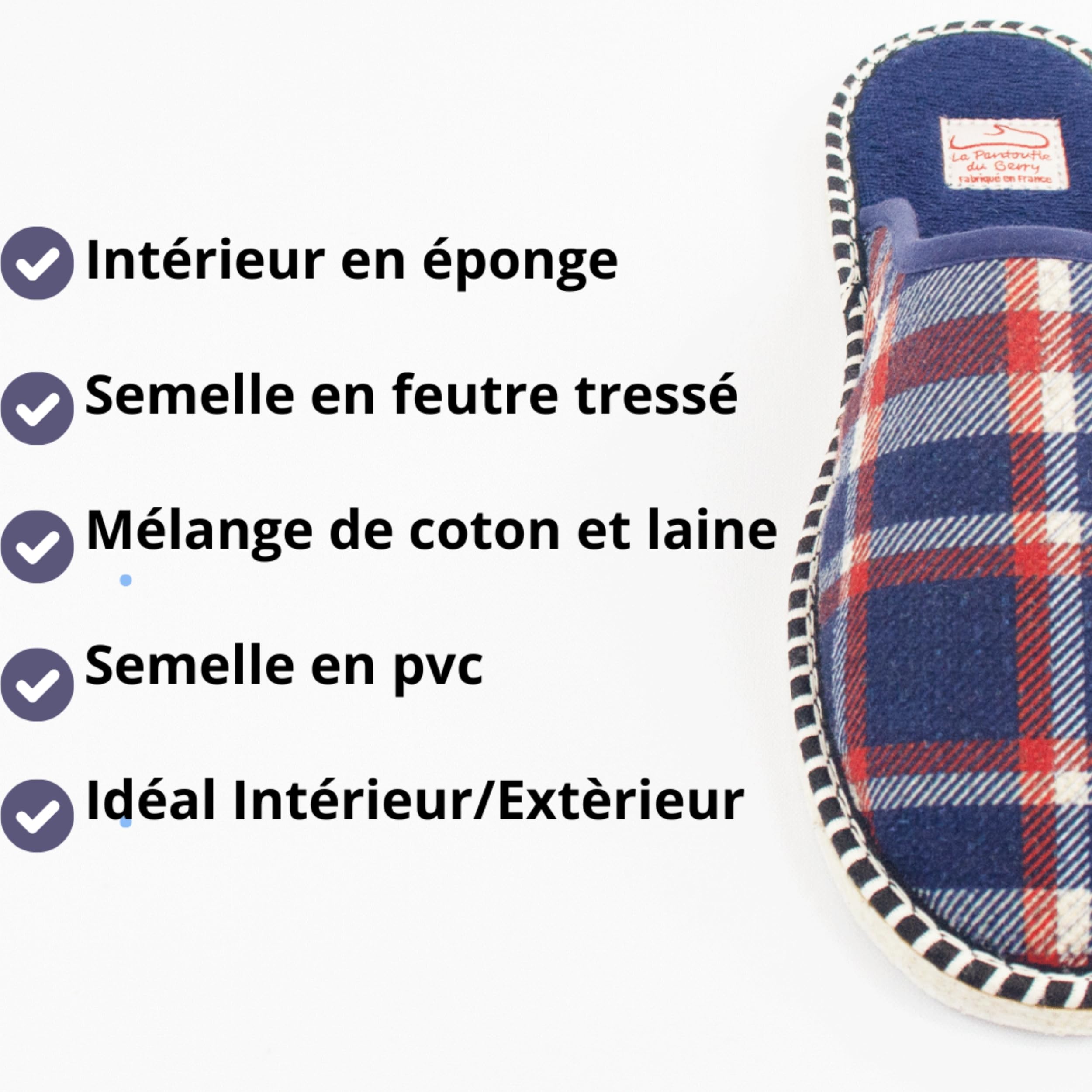 Mules Mixte style charentaise couleurs Bleu - MIF - Mule en coton/laines Pantoufles été - confortables/chaudes - Semelle confortable en feutre tressé antidérapante , Chausson Extérieur/intérieur