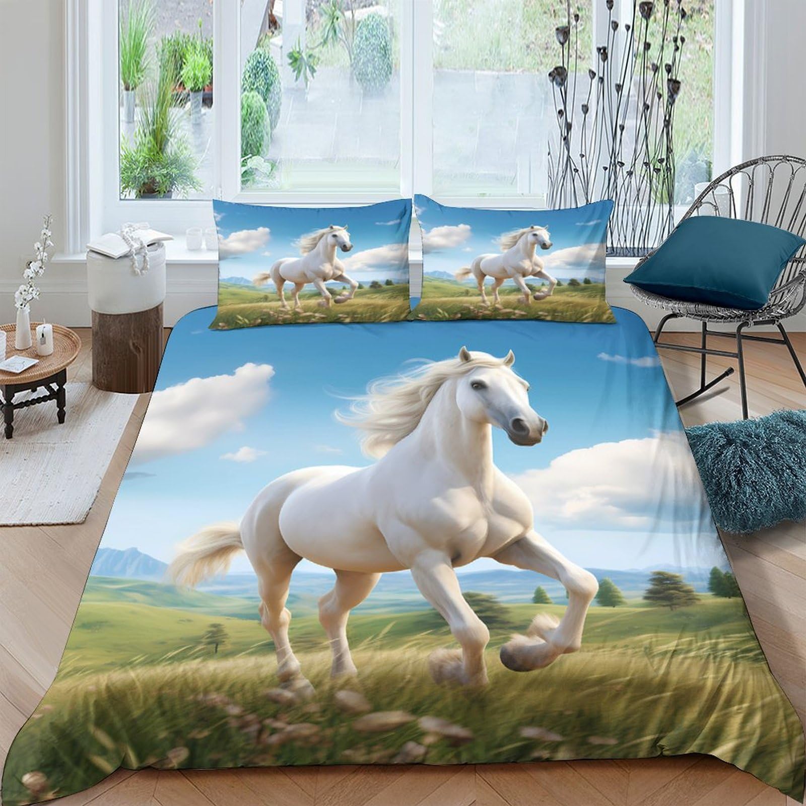 Ctjqhvkz Style-2 3D Printed White Horse Meadow Fitted Sheet Microfiber Bedroom Decor Cloud Sky Bed Cover For Home Dorm Guest Room Single（135X200cm）