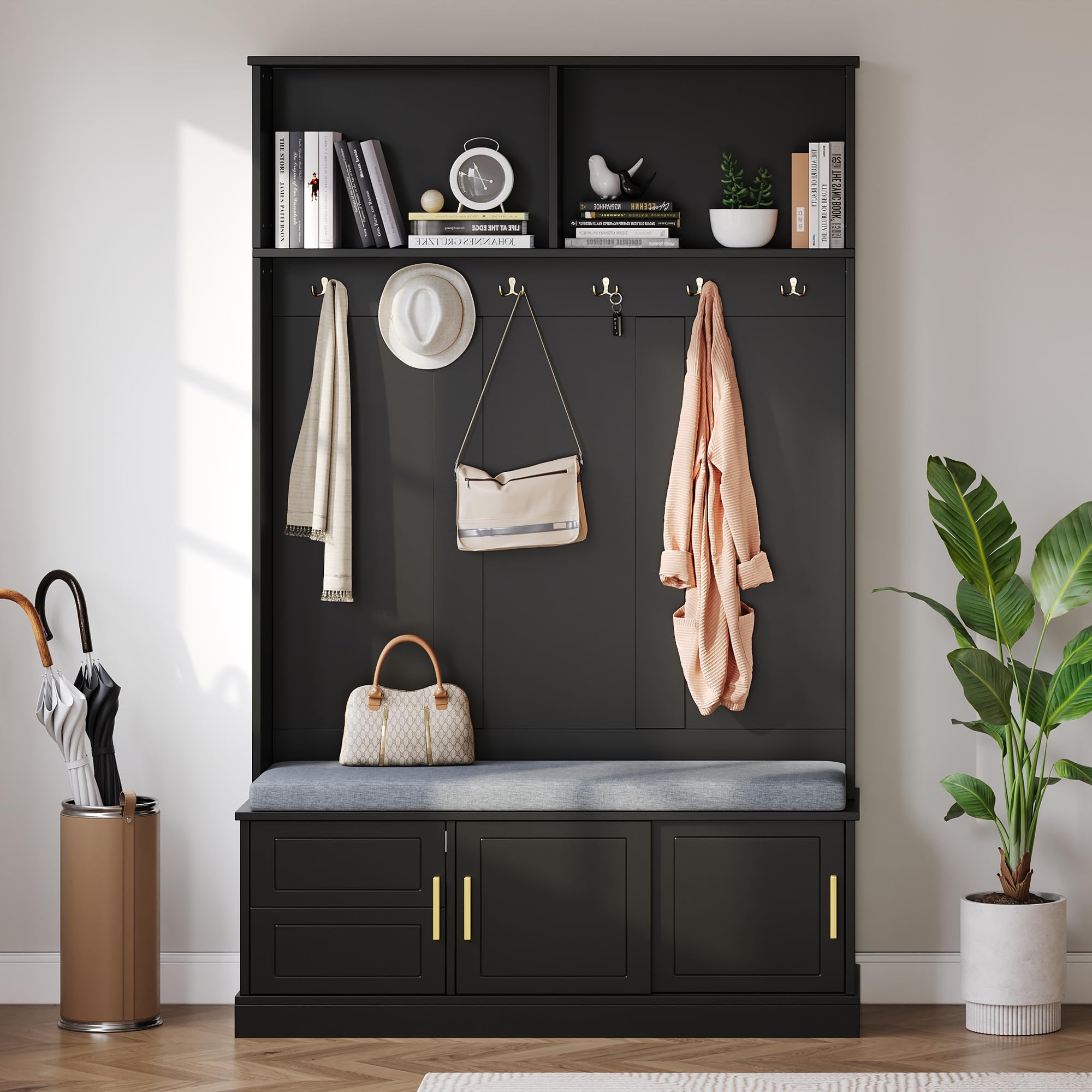 Vestiaire D’Entres avec Banc Et Rangement De Chaussures, Meuble D’Entres avec Porte-Manteau, Ferme Moderne Grange Porte 3-en-1 Arbre Hall avec Tabouret Coussiné Et Crochets pour Le Couloir