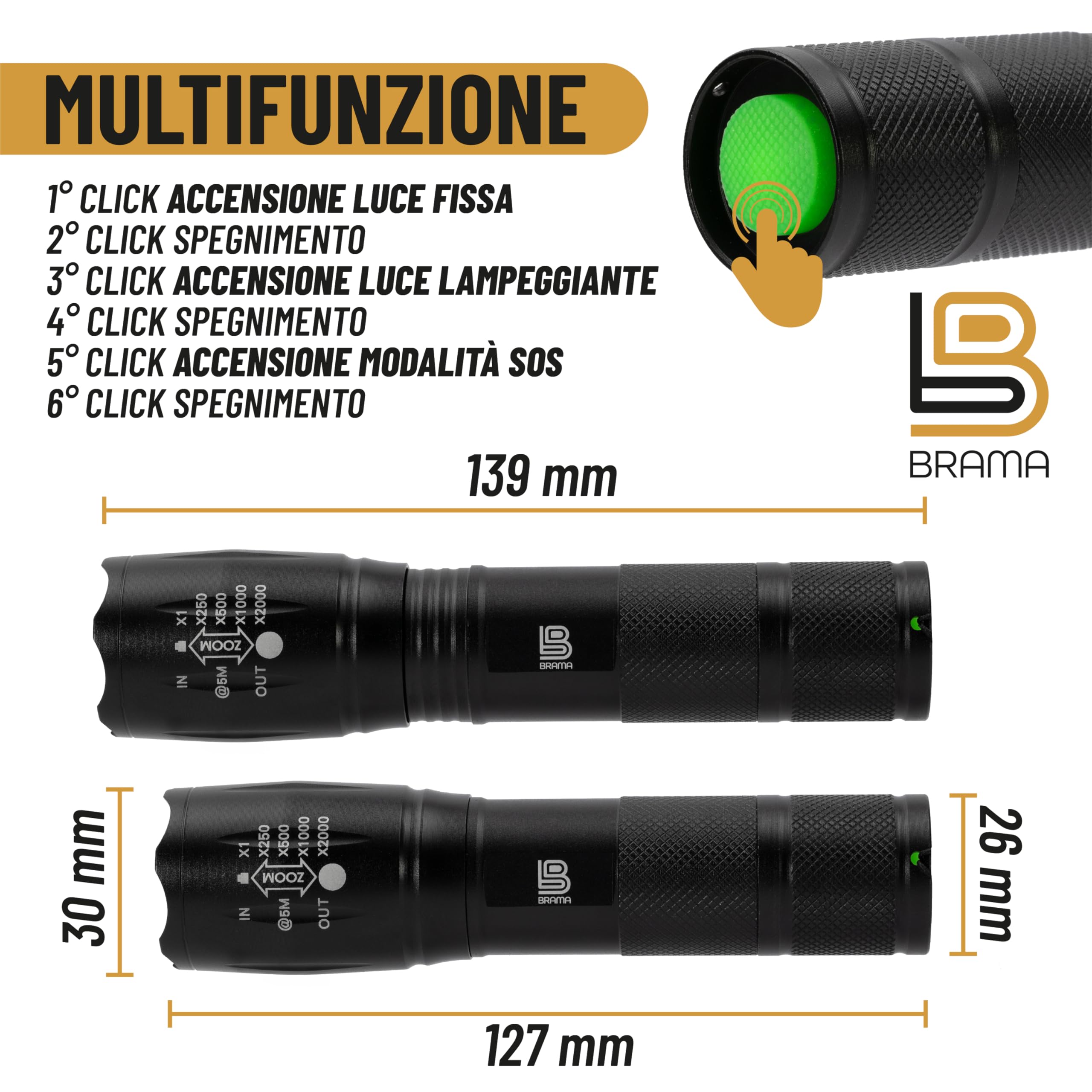 Generico Torcia LED Ricaricabile Potente – Zoom Regolabile, 5 Modalità, Impermeabile, per Emergenze e Outdoor, con Beauty Case Antiurto-Idea Regalo