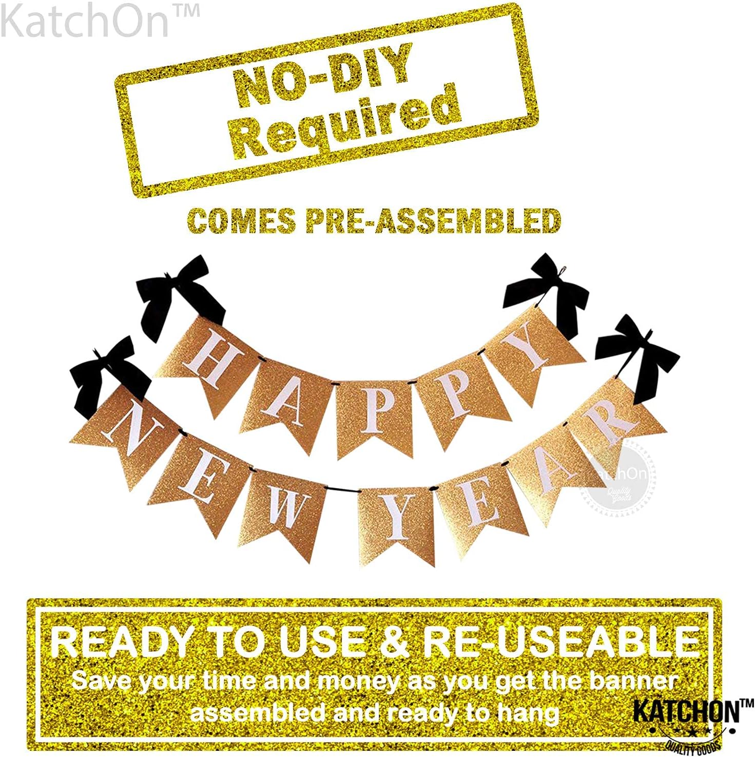 KatchOn, Pack of 11, Glitter Happy New Years Garland | Gold Glitter Happy New Year Banner with Happy New Year Sign, NYE Decorations 2026 | New Years Eve Party Supplies 2026 | Nye Banner 2026
