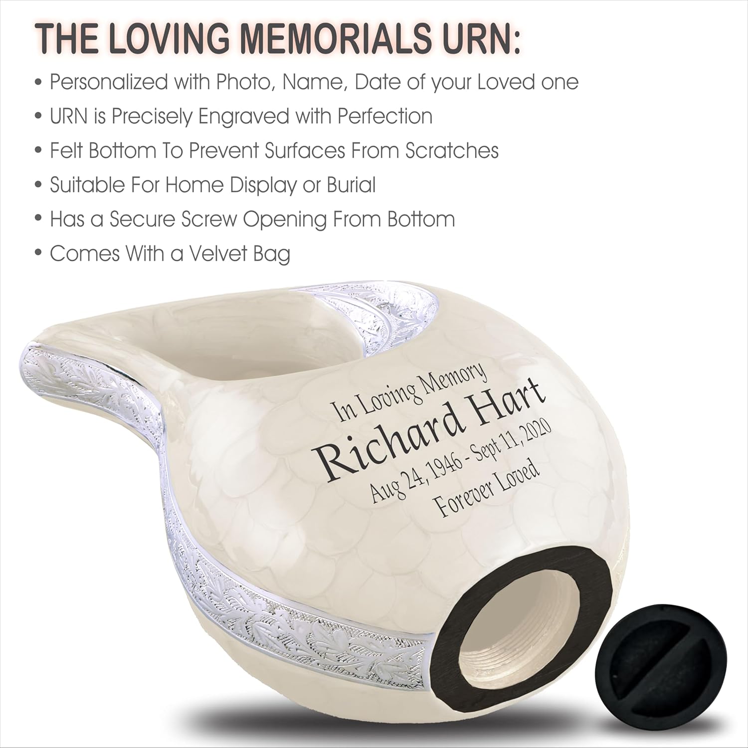 Personalized Photo & Text White Teardrop Cremation Urns for Adult Ashes Male Female - 156 Lbs Burial Urns for Human Ashes - Handcrafted Funeral Decorative Urn for Adult with Velvet Bag - Image 3