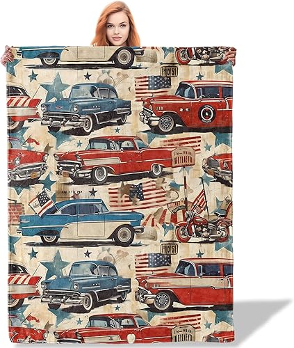 Manta retro Americana de 50 x 60 pulgadas, mantas vintage para automóvil y motocicleta para decoración del hogar, bandera americana clásica e