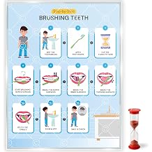 Brushing Teeth with Timer Chart Step by Step Laminated 9x12 Inch for Children Self Care Visual Chart Ideal for Special Needs and Autism Brushing Teeth Chart with Sandtimer - English