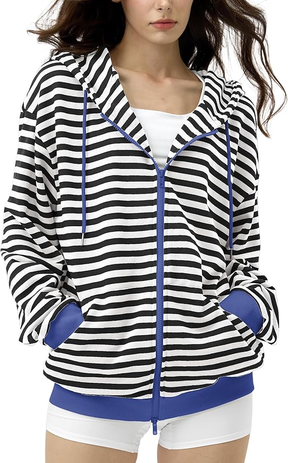 FAIABLE Striped Zip Up Hoodie Women Oversized Sweatshirt Hoodies Zipper Sweaters Pullover Cotton Vintage Preppy Shirt Outfits