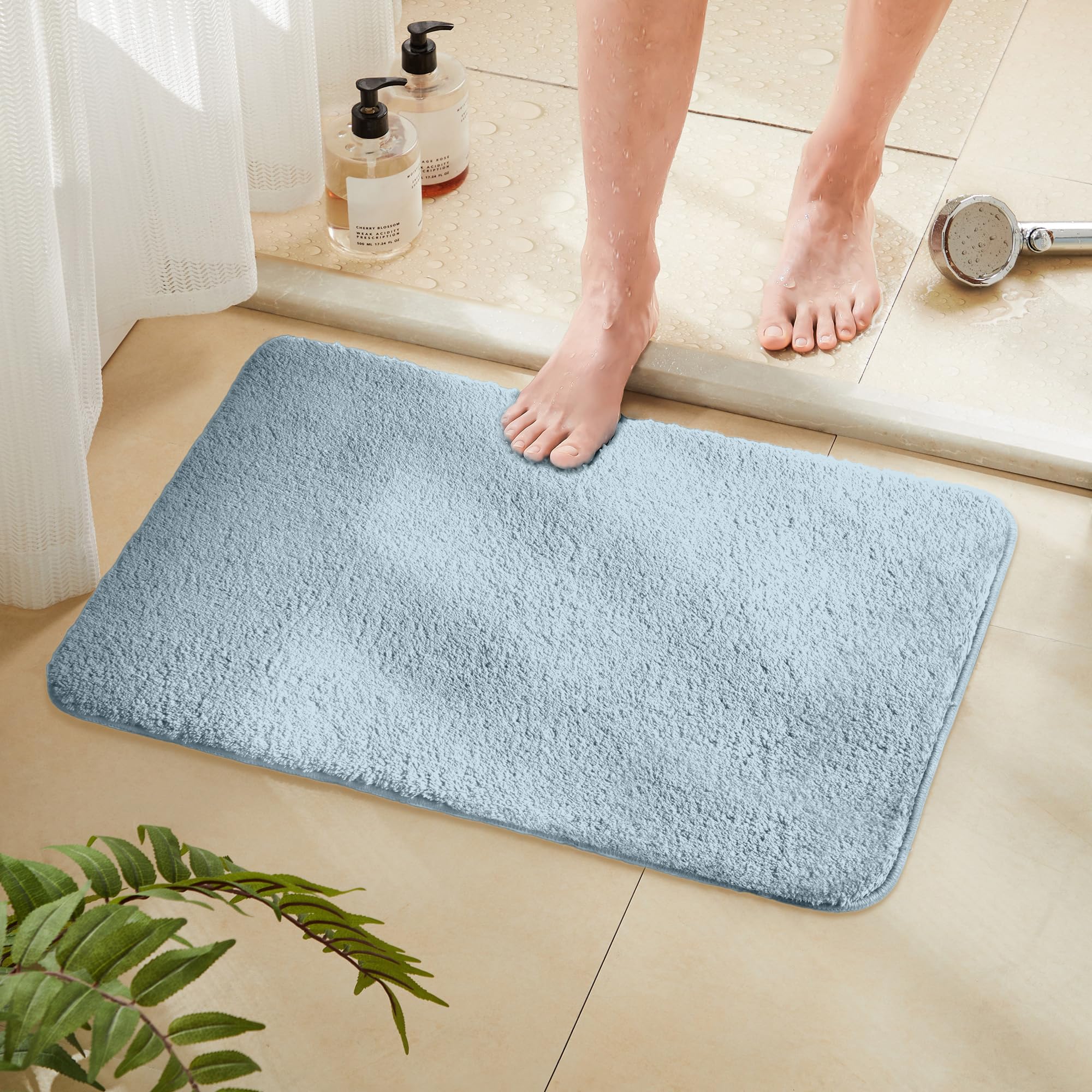 TECHMILLY Fluffy Tufting Bathroom Rug Mat 36x24, Absorbent Thick Non Slip Microfiber Mats, Quick Dry Machine Washable Bath Rug for Bathroom Floor, Bathtub and Shower, Sky Blue