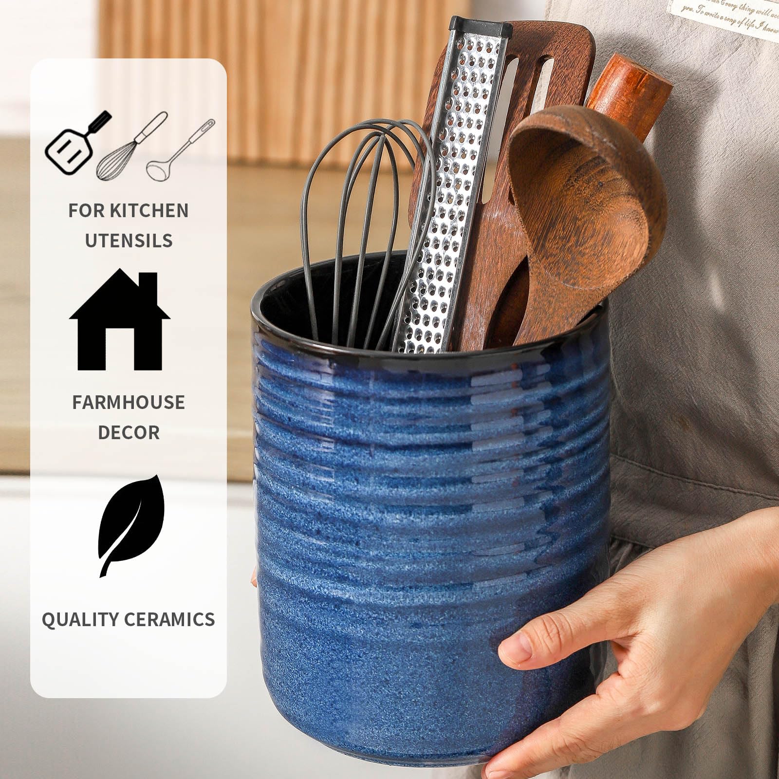 HASENSE Großer Keramik-Utensilienhalter, 18,8 cm, Küchenutensilien-Topf für Arbeitsplatte, moderner Bauernhaus-Utensilien-Organizer für Kochutensilien-Set, blaue Küchendekoration