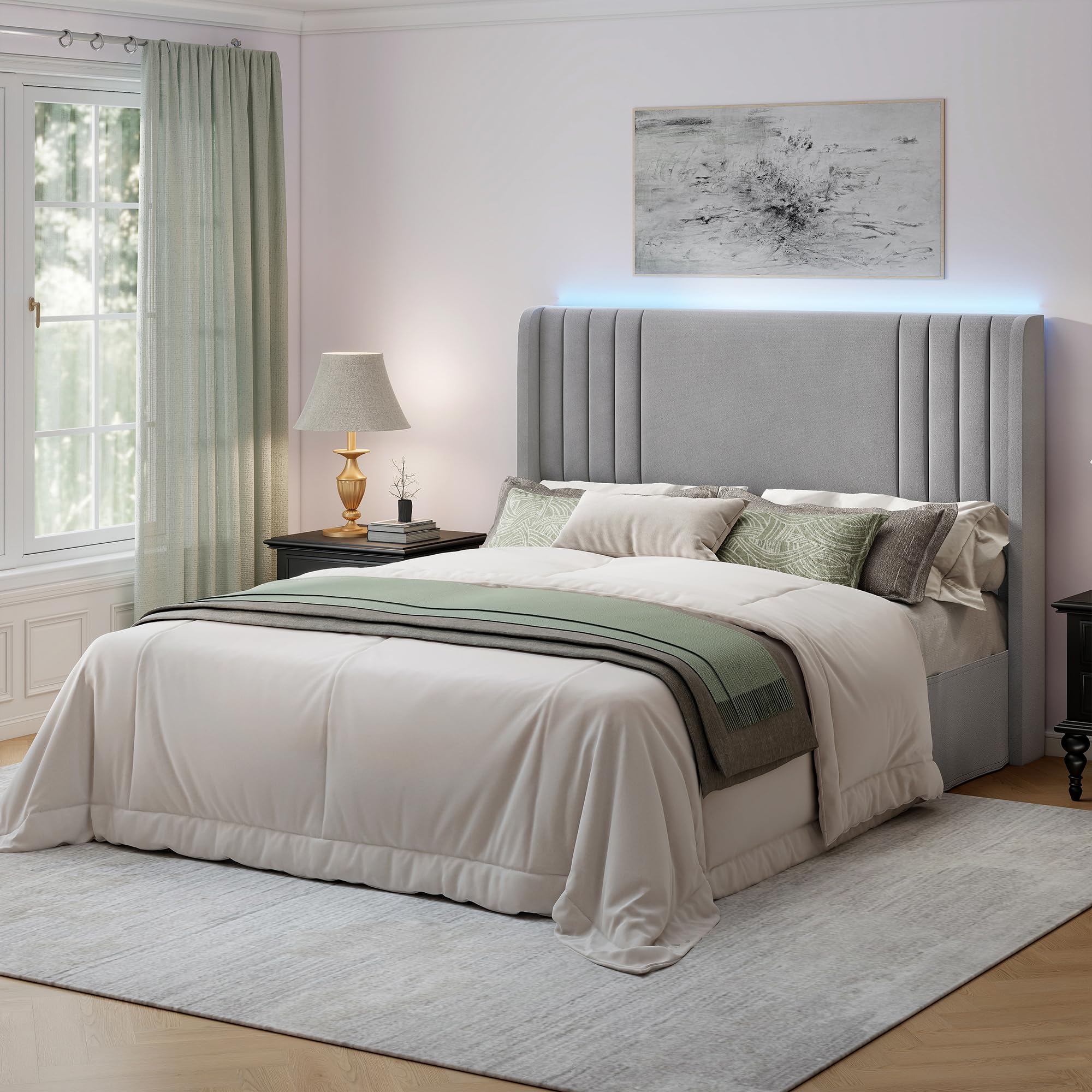 Sibeds 4ft6 Double Bed Frame with Underbed Storage, LED Lights, Velvet Grey
