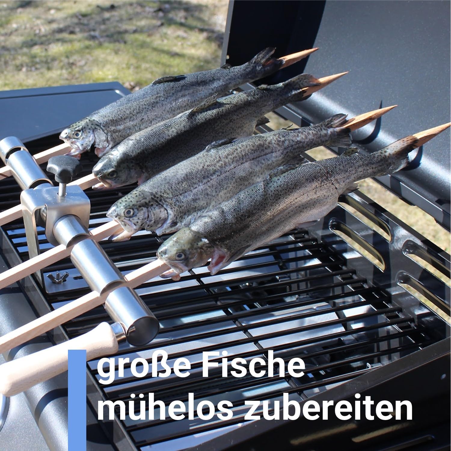 Steckerlfisch Halter 4 Buchenholzspieße für Gas- & Kohlegrill