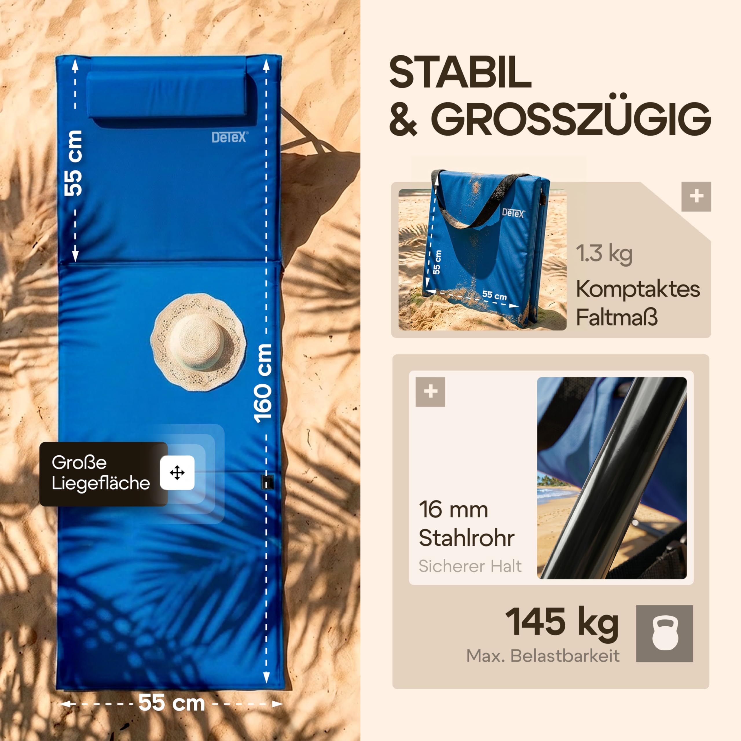 DETEX® 2er Set Strandliege Faltbar Leicht Strandmatte Gepolstert mit Rückenlehne Kissen Handyhülle Sonnenliege Klappbar 2 Personen Liegestuhl Blau