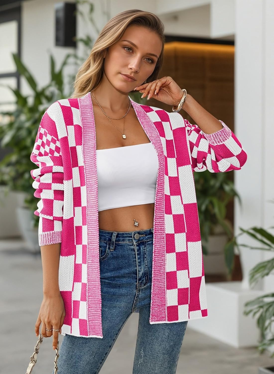 Pink Queen 2026 Checkered Cardigan Sweaters for Women Casual Long Sleeve Plaid Knit Outwear Coats with Pockets - Image 7