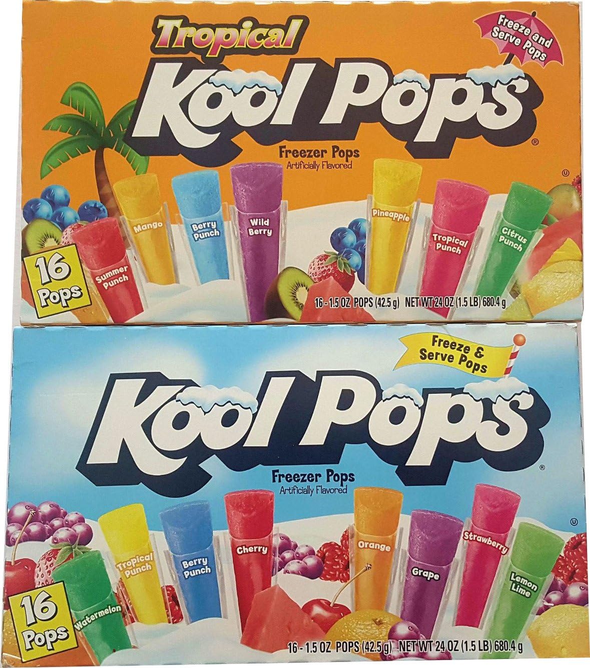Kool Pops Freezer Pops Bundle - 2 Items: 2 Boxes of 16 Pops - Original and Tropical Flavors