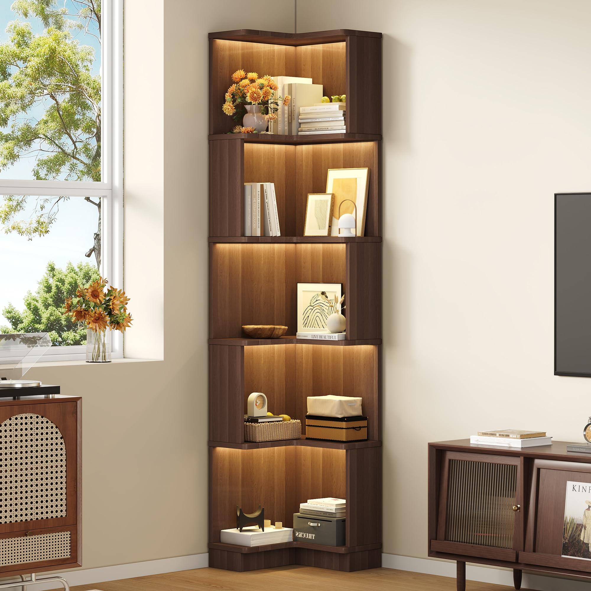 BTM Eckbücherregal mit LED-Lichtleiste Eckregal Holz Stehend Wohnzimmer Bücherregal Schmal, Braun 63.5 x 45 x 175cm