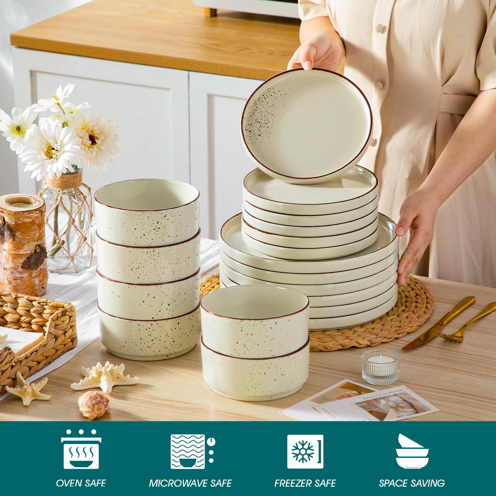 vancasso NAVIA - Vajillas Completas Moderna de Gres para 6 Personas, Juego de 18 Piezas - 6 Platos Llanos, 6 Platos de Postre y 6 Cuencos para Cereales - Apta para Microondas y Lavavajillas - Beige