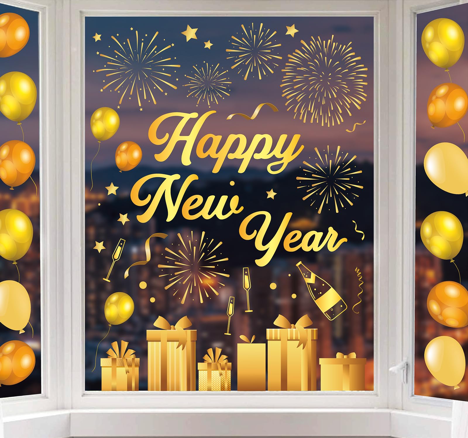 Whaline 6 Sheets New Year Window Clings New Years Eve Window Decal Champagne Firework Double-Sided Golden Yellow Window Stickers Reusable for Home School Office Decor