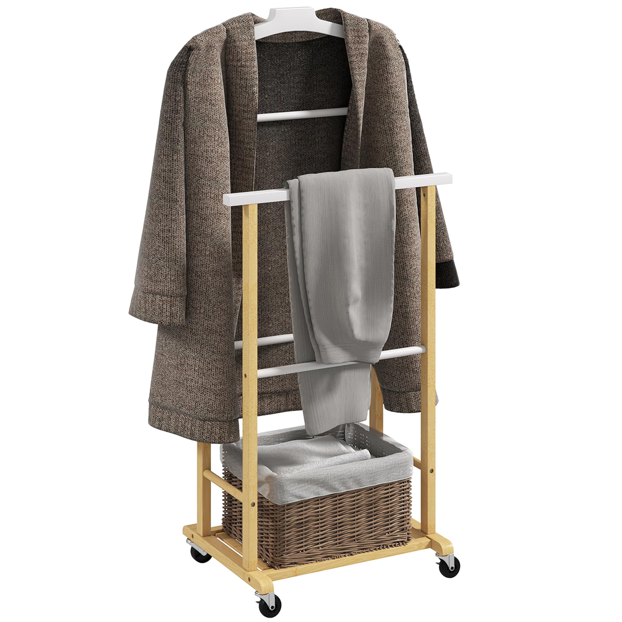 HOMCOM Valet de chambre à roulettes, portant à vêtements en bambou avec cintre intégré, tiges à pantalons et étagère pour chaussures, porte-manteaux pour chambre, buanderie, bois naturel et blanc