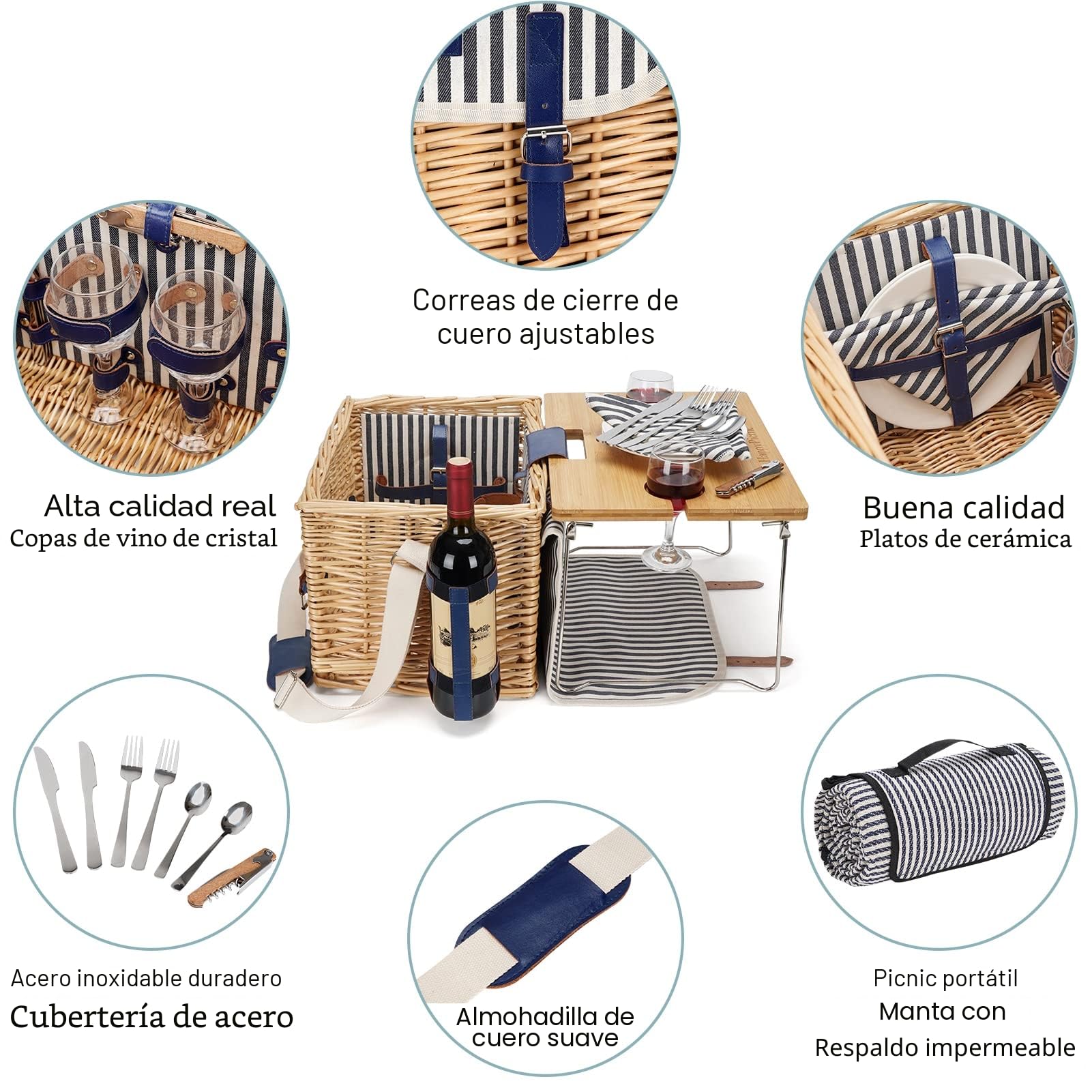 Cesta de Picnic de Mimbre para 2, 2 Personas, Juego de Regalo de Sauce con Mesa de Vino de bambú con Patas de Metal para Acampar y Fiesta al Aire Libre
