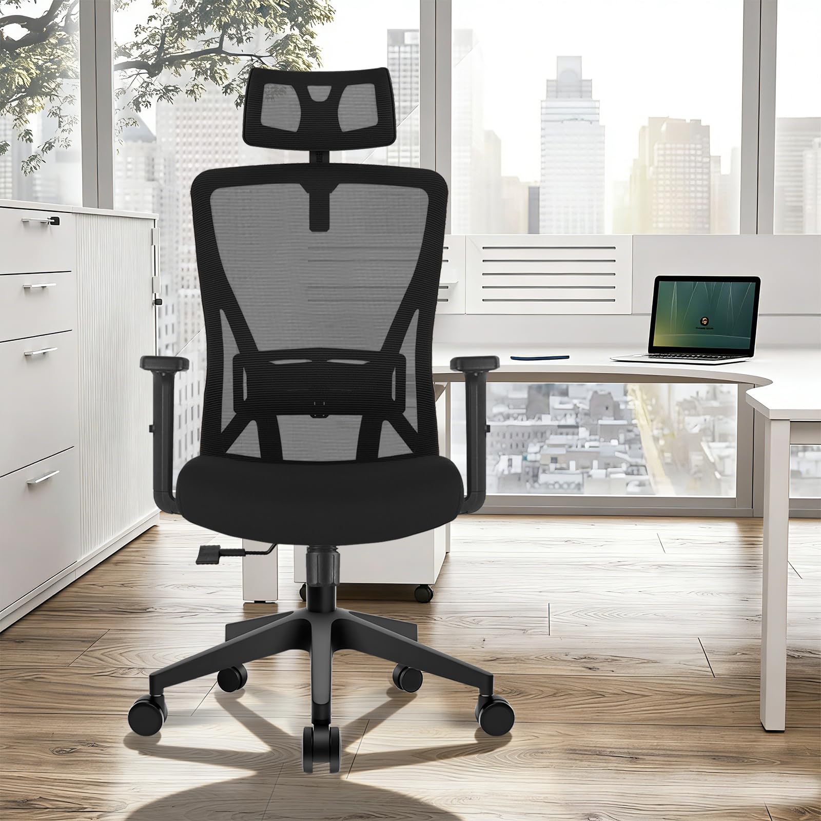 Durrafy Chaise de Bureau Ergonomique, Appui-Tête & Support Lombaire Réglables, Accoudoirs Rabattables, Maille Respirante, 130° Inclinaison（Ne Peut Pas être verrouillé）, 150kg Charge. (Noir)