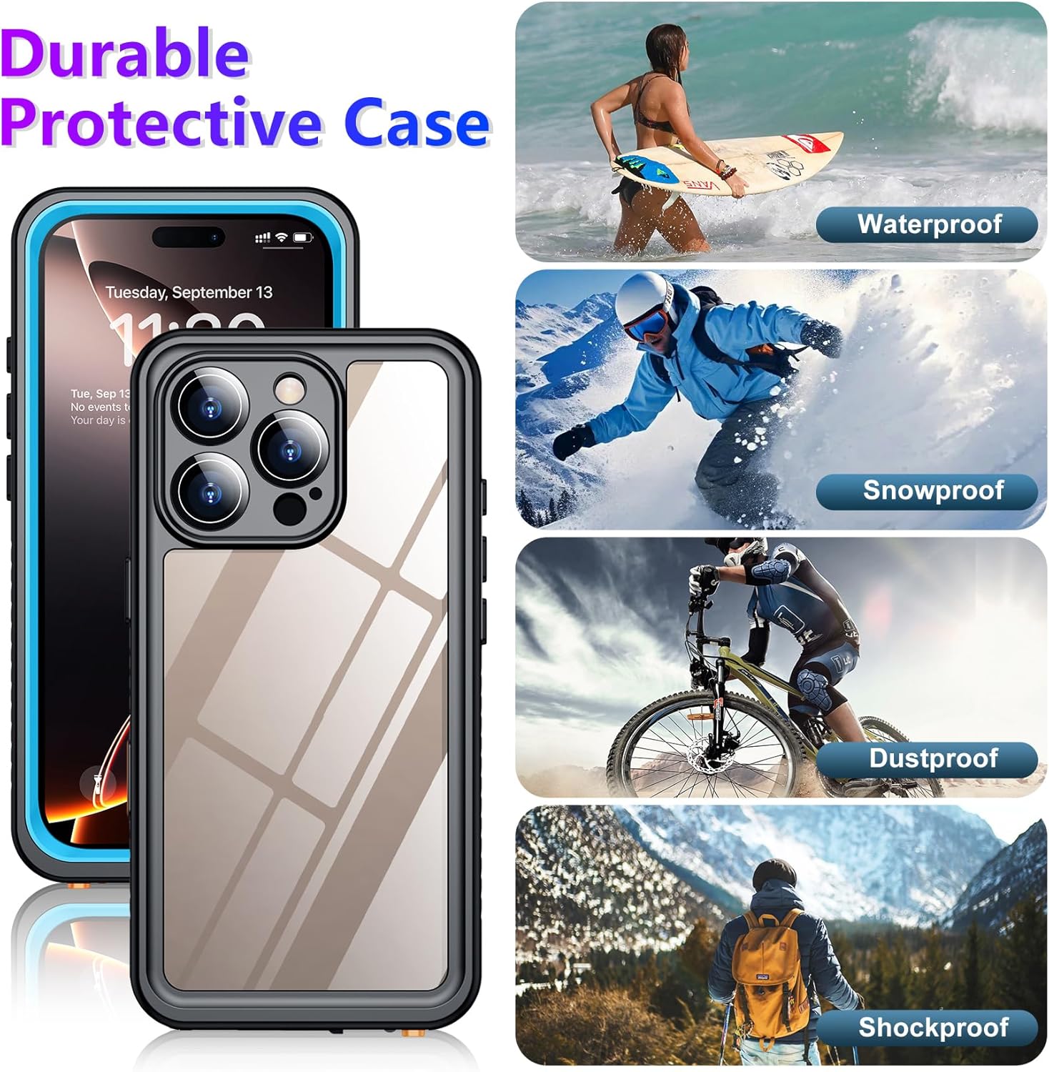 Temdan Compatible with iPhone 16 Pro Max Case Waterproof, Built-in Screen & Camera Protector IP68 Underwater Full Body 16FT Military Dropproof Shockproof Phone Case 6.9"-Blue/Clear