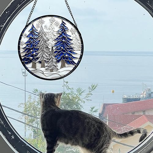 Miniatura 52 de Vidriera Colgante para Ventana, Colorido Árbol de la Vida Atrapasoles Panel de Vidrio Azul Decoración Atrapasol para Cumpleaños para Mujeres