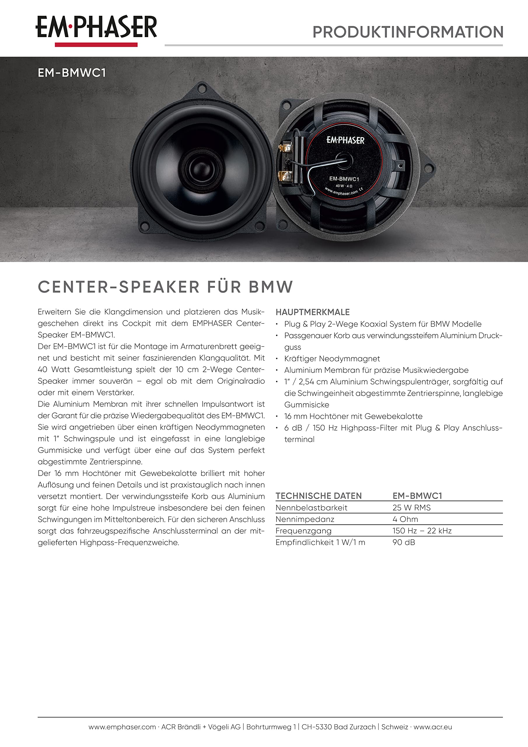 EMPHASER EM-BMWC1 – 10 cm Center Speaker, kompatibel mit BMW & MINI | Klangstarker 4 Zoll 2-Wege Plug & Play Zentrallautsprecher, passgenau für den Einbau im Armaturenbrett, 1 Stück