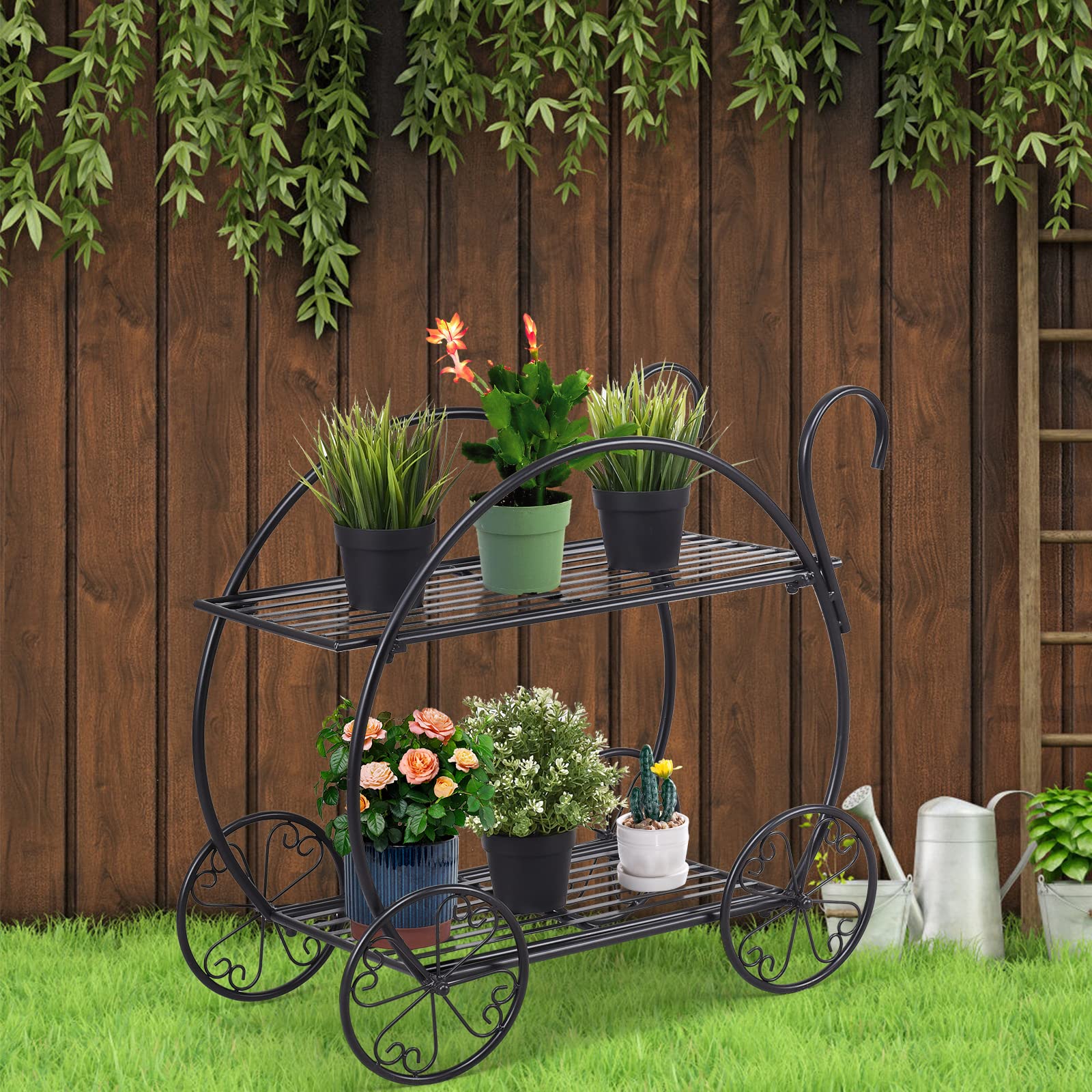 Scaffale per Piante in Metallo, Espositore Unico e Delicato per Fiori da Esterni, Supporto per Fiori, Porta Piante in Ferro Battuto a 2 Livelli da Balcone, Salotto, 66 x 34 x 62,5 cm, Nero