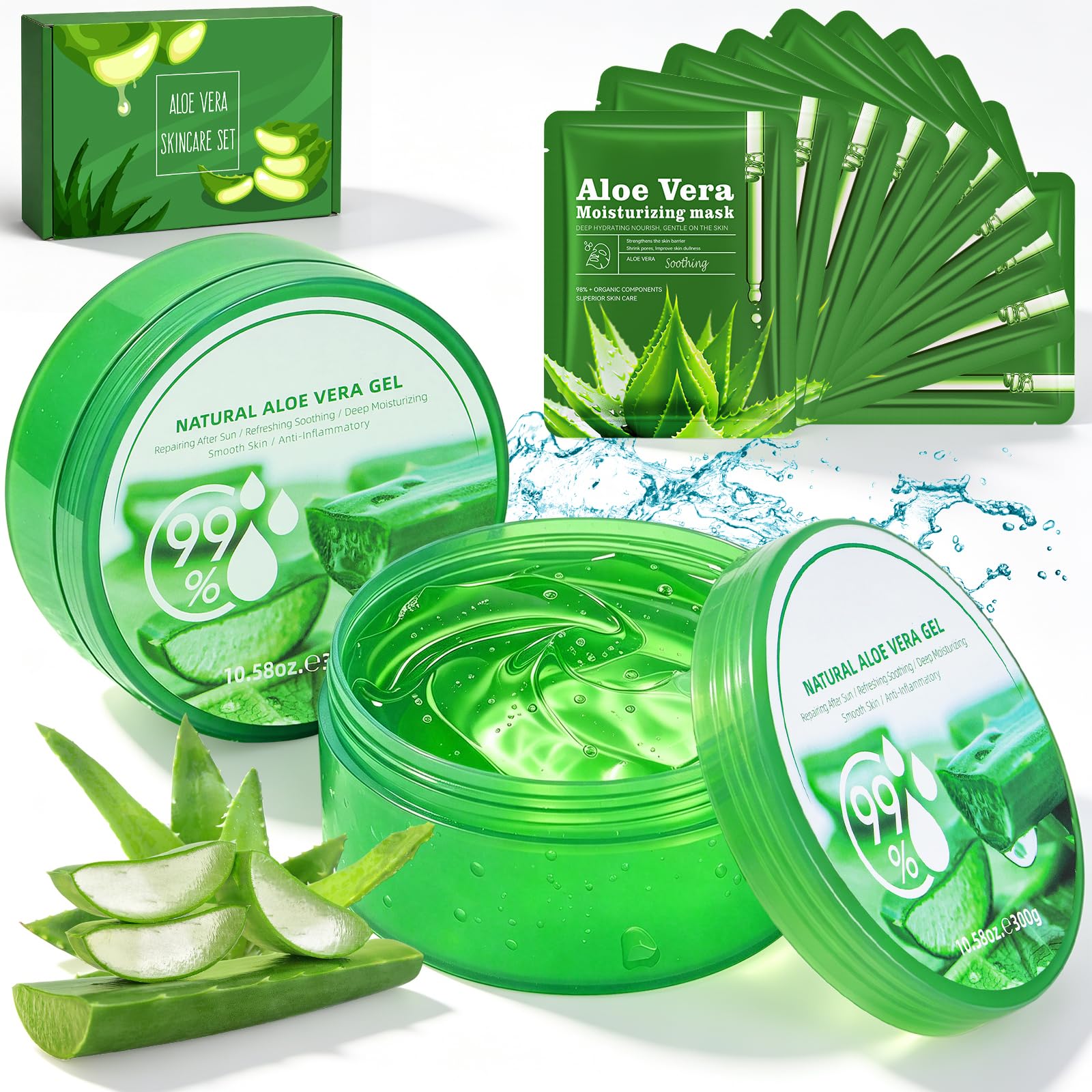 Aloe Vera Gel 2 × 300g, Aloe Vera Maske 10 pcs, Naturel Vegan Aloe Vera Gel Bio für Gesicht Haare Körper, After Sun Aloe Vera Cream trockene Haut, Sonnenbrand, Skincare Geschenk Set Frauen Teenager