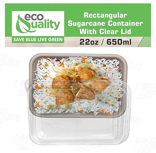 Miniatura 4 de EcoQuality Cuencos desechables de 22 onzas con tapas transparentes, cuencos rectangulares de papel biodegradable de fibra de caña de azúcar