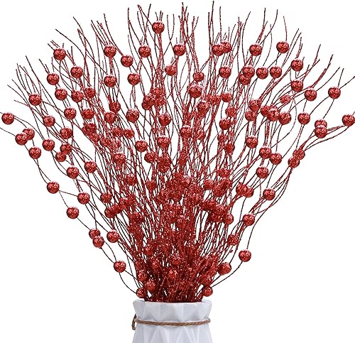 Megoogo 10 tallos de bayas artificiales con purpurina, decoración de Navidad roja, ramitas retorcidas con purpurina, ramas para decoración de