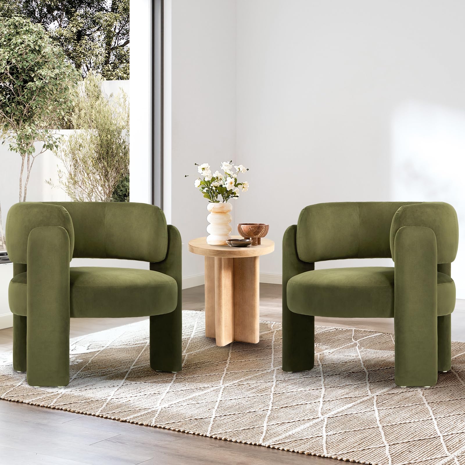 COLAMY Modern Velvet Accent Chair Set of 2, Upholstered Barrel Chairs, Comfy Side Arm Chairs with 3 Legs for Living Room, Bedroom, Reading, Green