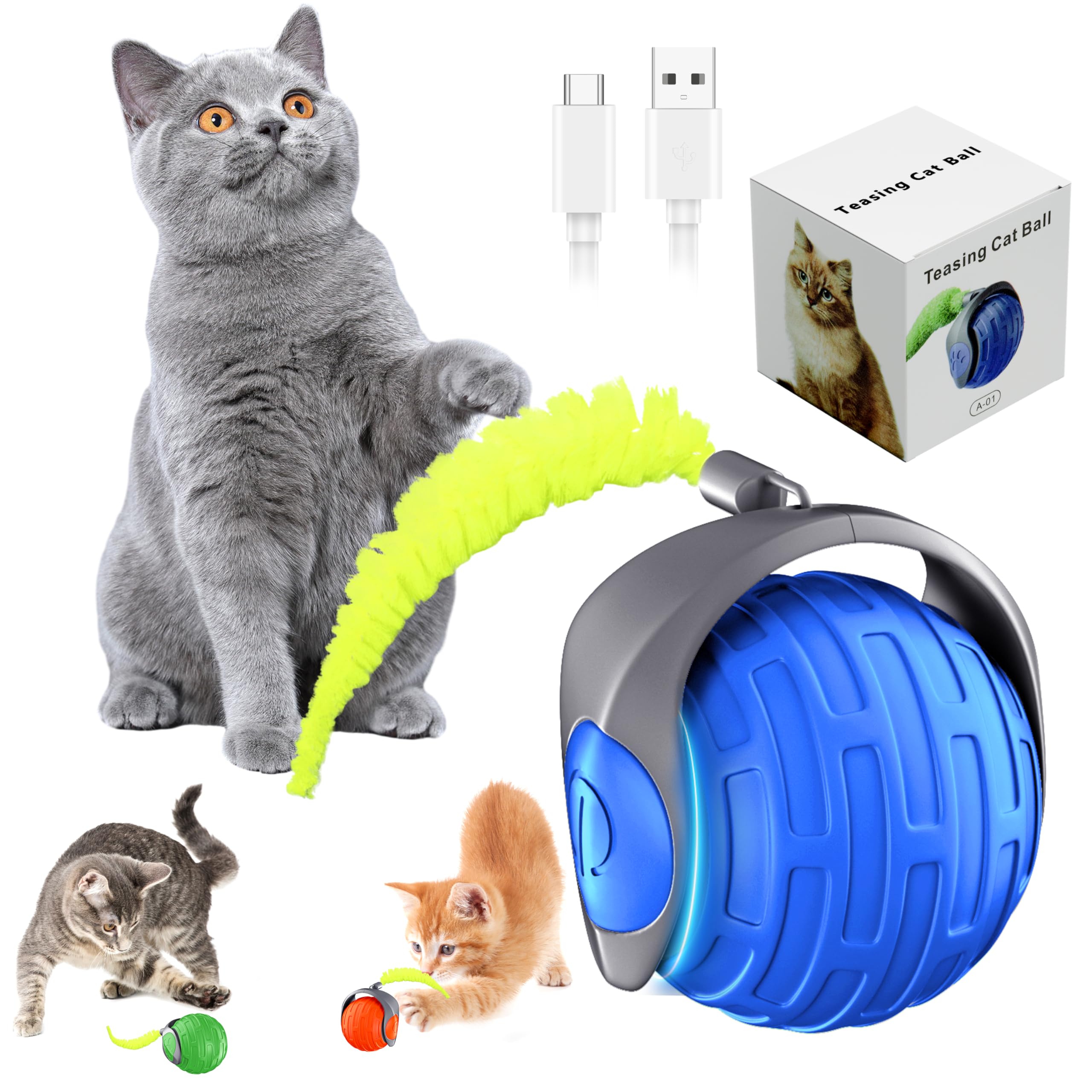 Katzenspielzeug, interaktiver Katzenspielzeugball für gelangweilte Indoor-Katzen, automatisches Rollen, sturzfest und Hindernisvermeidung, 2 Modi, flauschiger Schwanz und USB Typ-C