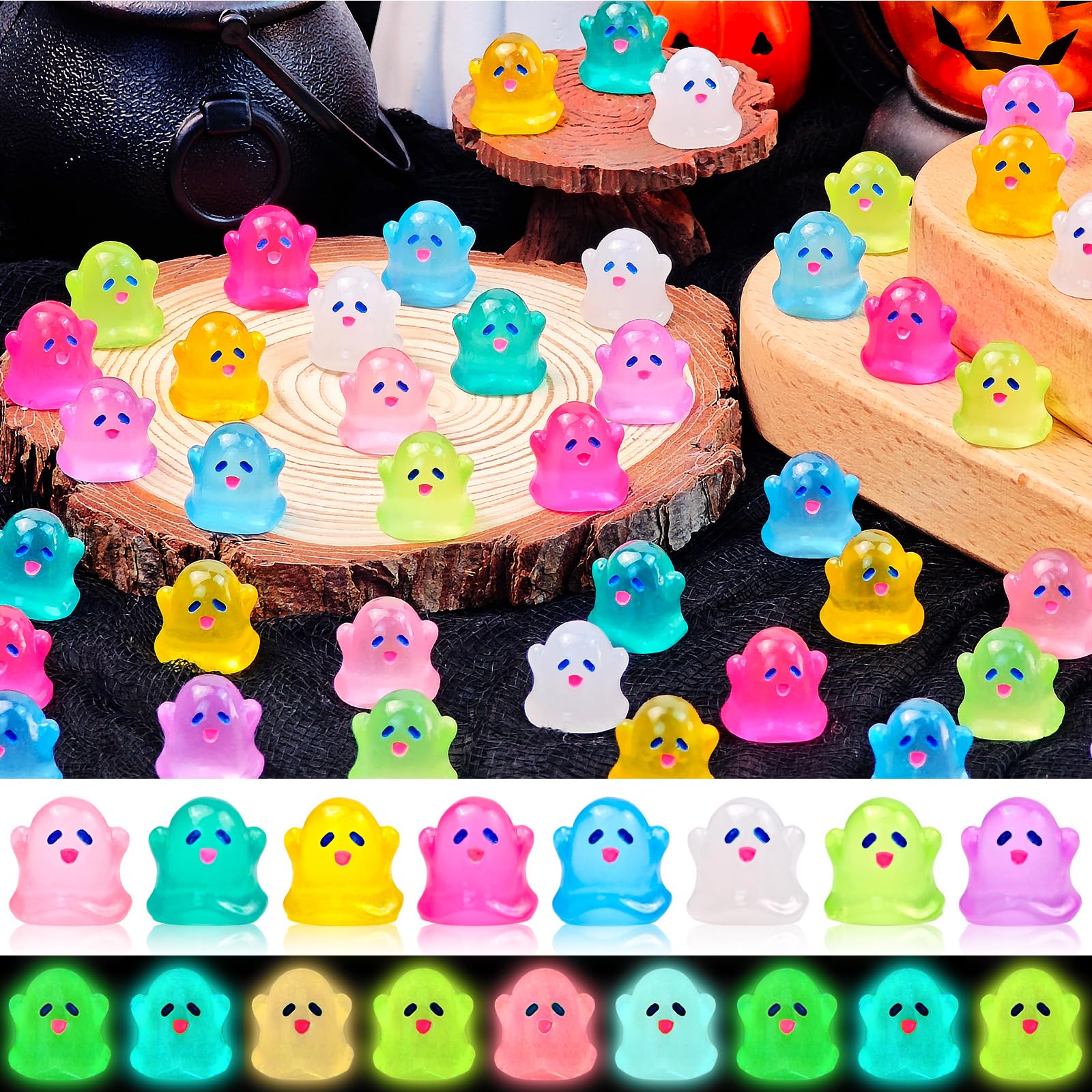 Feivando 80 Pcs Halloween Luminous Mini Ghost Figures Glow in the Dark Tiny Little Resin Ghost Statues Miniature Figurines for Halloween Vase Filler Micro Landscape Fairy Garden Party Decor — image 1