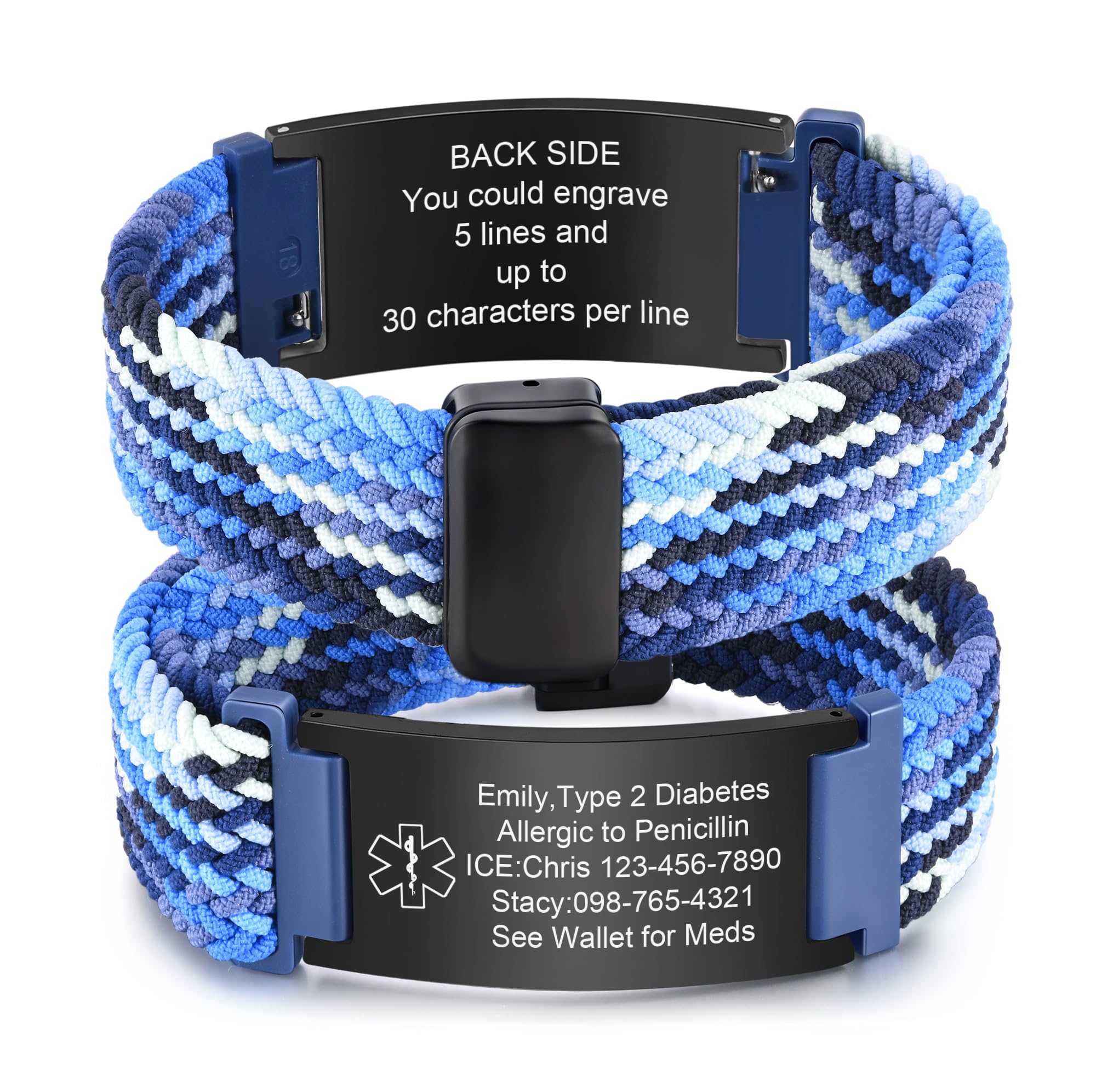 VNOX Medical Alert Id Bracelet for Men Women, Custom Engraving Elastic Braided Stretchy Loop Emergency Survival Medic Bracelets Wristband Loop Band with Removeable Tag