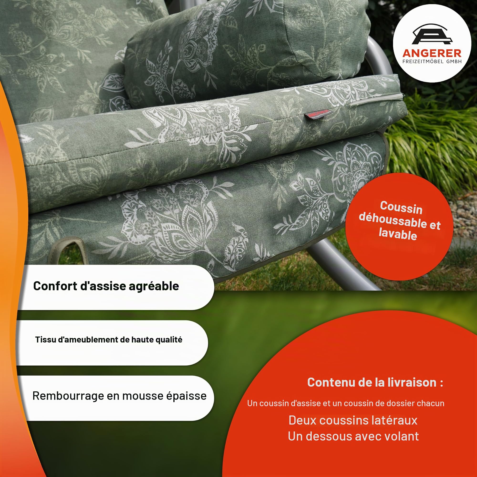 Angerer Balancelle de Jardin Trend, 3 Places Convertible en Lit, Acier Galvanisé, Toit Ajustable, Coussins Lavables, Capacité 270 kg, Fabriqué en Allemagne (Vert uni)