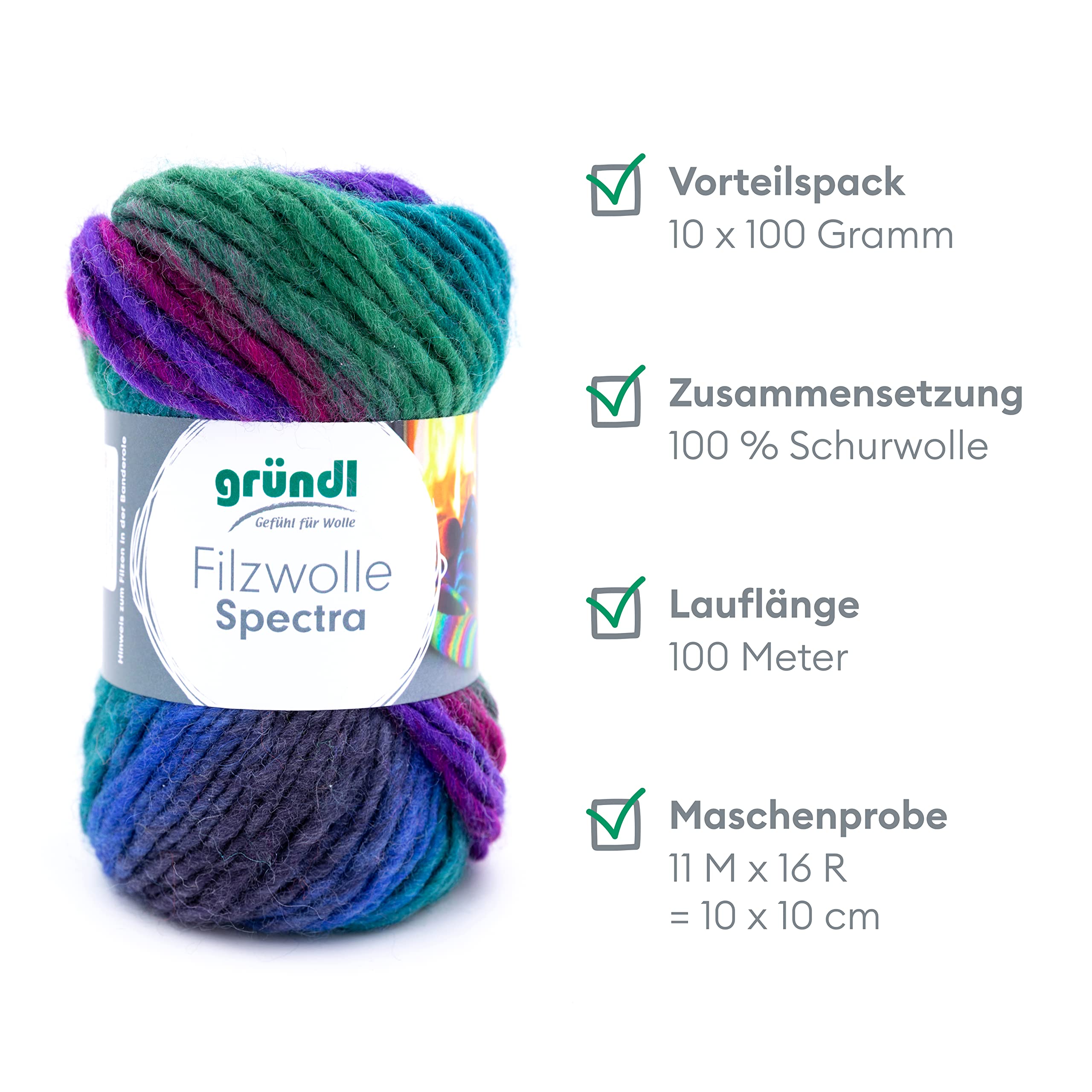 Gründl Spectra - Lana de fieltro (certificado Oeko-Tex, 100% lana virgen para fieltro, 100 g/100 m, 10 ovillos de 100 g), multicolor