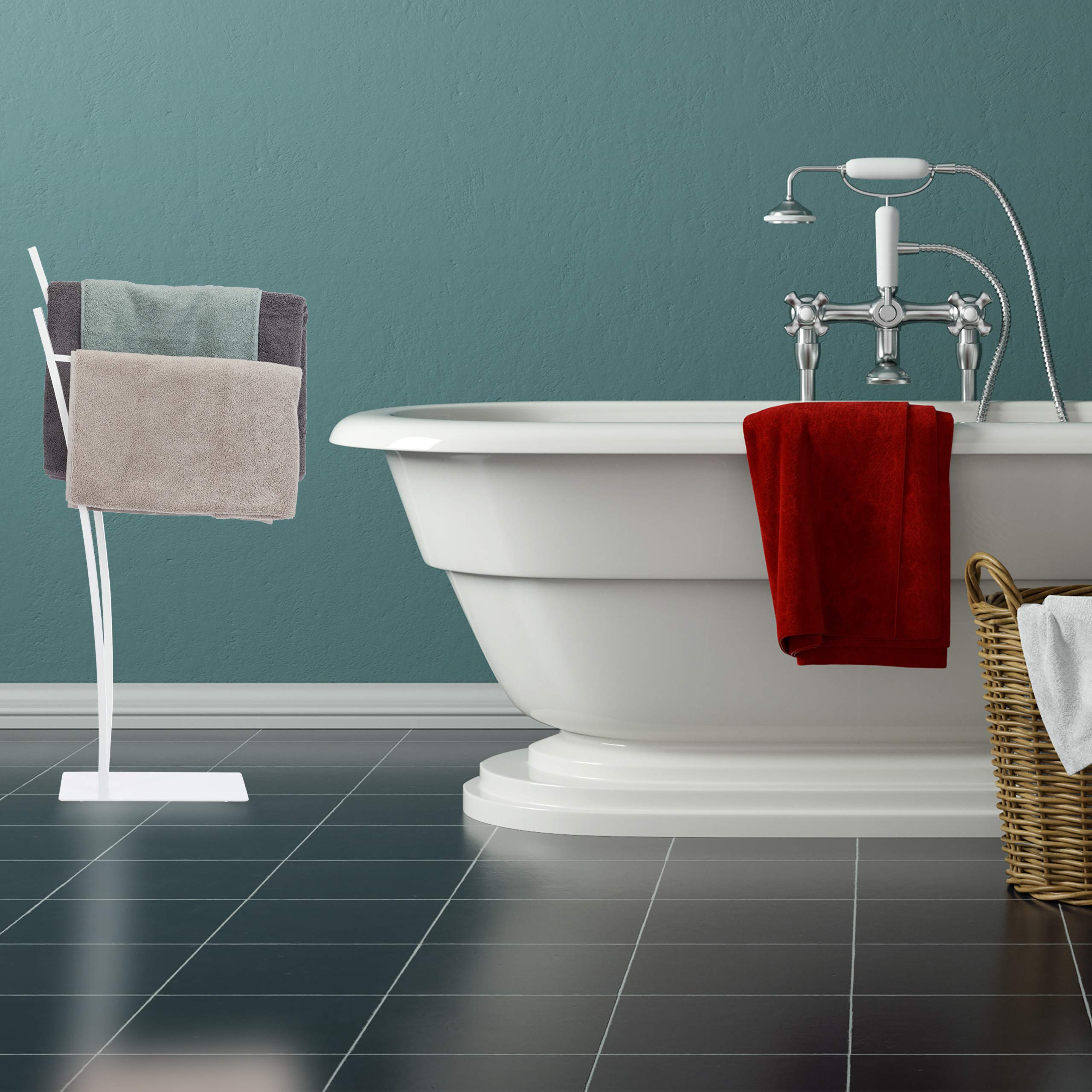 Relaxdays Portasciugamani da Terra, a 2 Bracci, Portasalviette, Piantana da Bagno e Cucina, HxLxP: 88x43x24 cm, Bianco