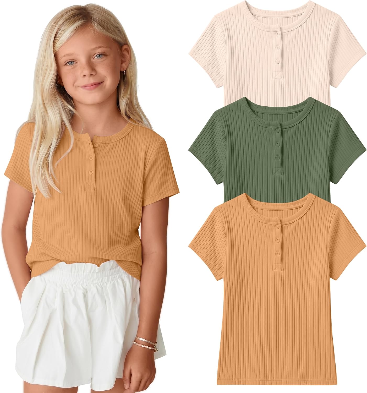 3 Pack Girls Henley Ribbed T Shirts 5-14Y Short Sleeve Button Down Summer Round Neck Tops Knit Loose Layering Tees