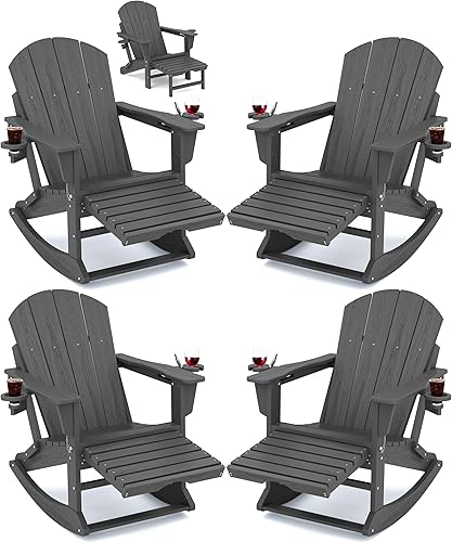 Miniatura 21 de KINGYES Silla Adirondack con reposapiés retráctil y portavasos, silla reclinable de Adirondack de HDPE para porche, patio, balcón, gris plomizo