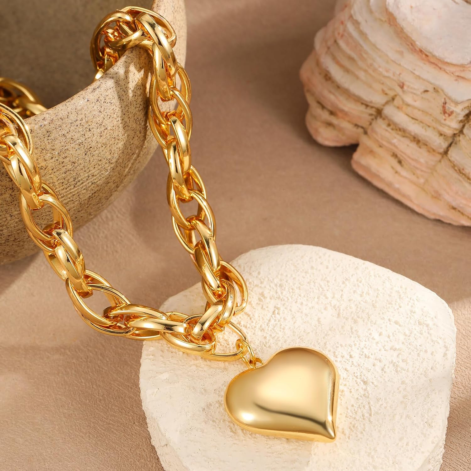 Elegant Gold Plated Heart Pendant Necklace for Women, Chunky Statement Chain with Secure Lobster Clasp,Gift for Her - Image 5