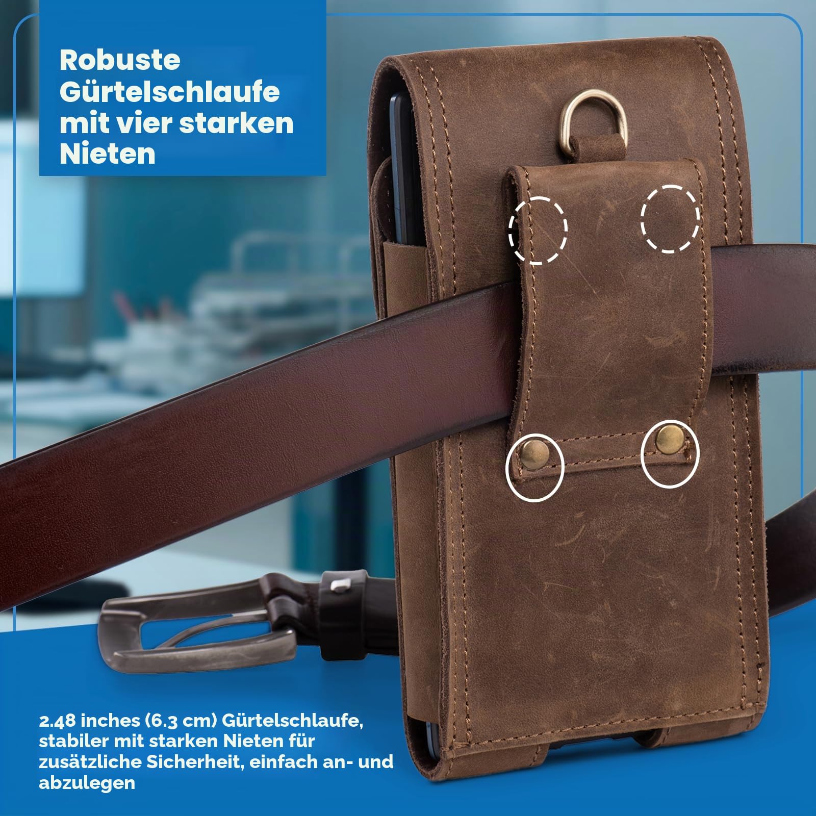 Handy-Holster aus echtem Leder, passend für iPhone 17 16 15 14 Pro Samsung Galaxy S25 S24 S23, Smartphone-Halterung mit Magnetverschluss und Gürtelclip, Handytasche (Retro-Braun)