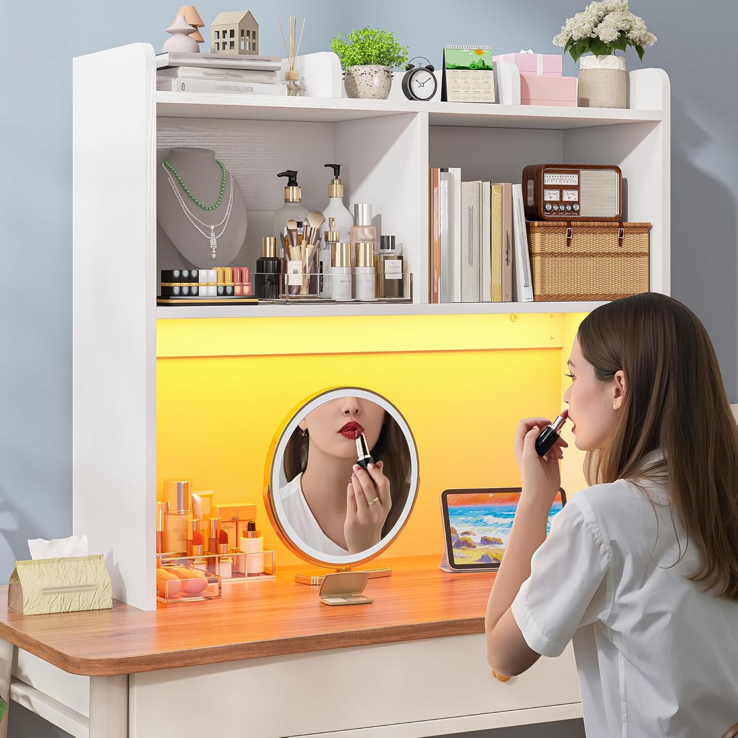 REIBII Desk Hutch Dorm for Computer Monitor Up to 27", Dorm Desk Hutch Top Only with RGB Light Strip, Wooden Desktop Bookshelf with 6 Shelves, 3-Tier Desktop Shelf for Home Office Dorm, White