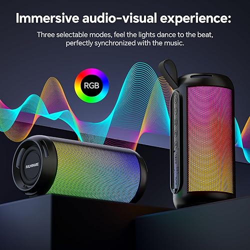 Miniatura 5 de FULMINARE Altavoz Bluetooth portátil con sonido HD de 26 W, altavoces Bluetooth inalámbrico 6.0, tarjeta AUX y TF y entrada USB, luces LED, IPX5