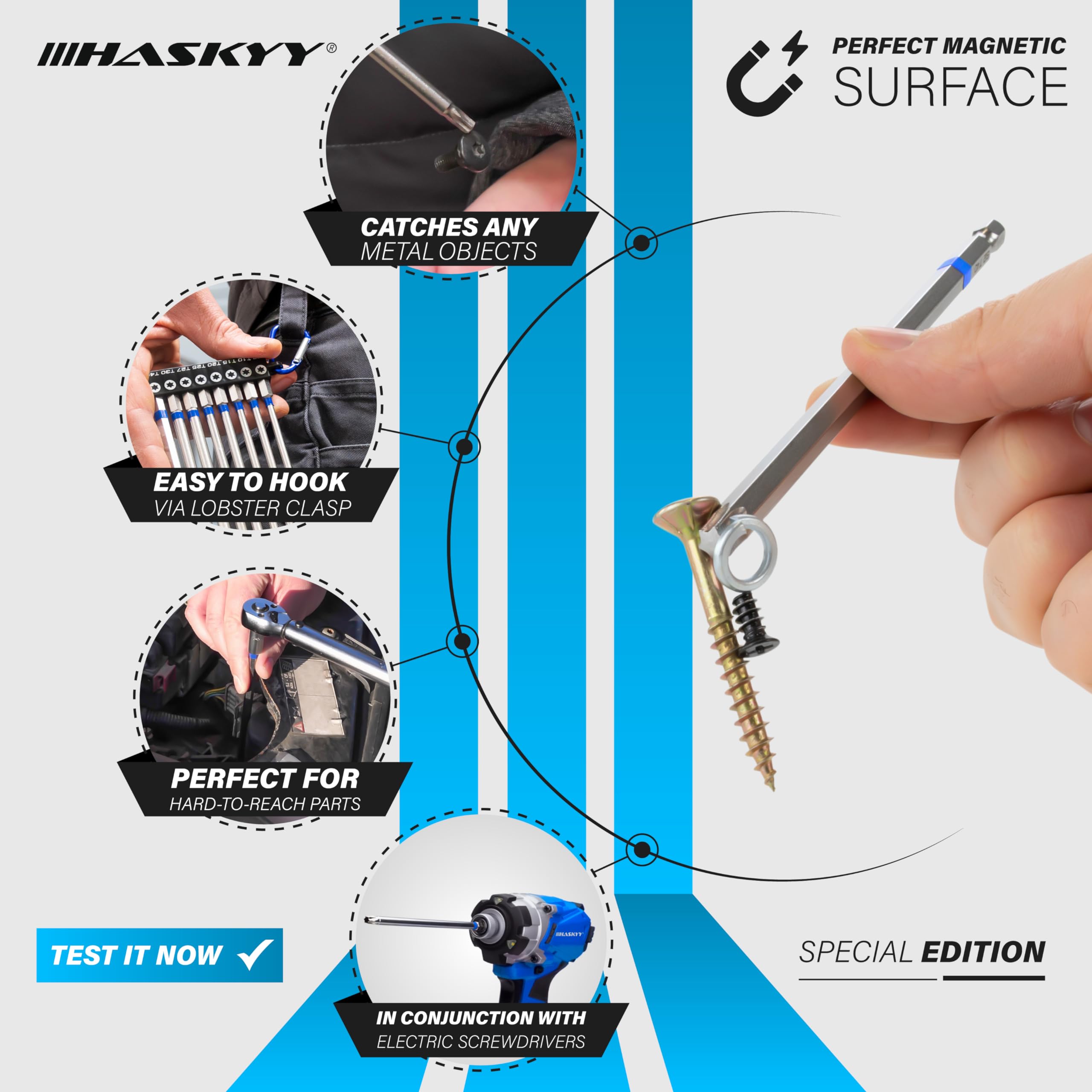 HASKYY Set Inserti Torx 150 mm 8 Inserti Torx Lunghi Magnetici in Acciaio S2, T8-T40, Attacco Esagonale 1/4", per Avvitatore, Trapano, Auto, Moto e Bicicletta
